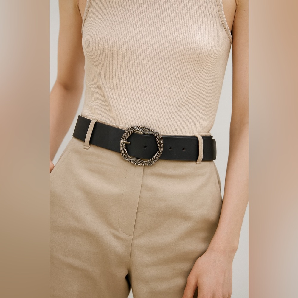 Free People Black Leather‎ Belt with Braided Buckle Sz. S/M
